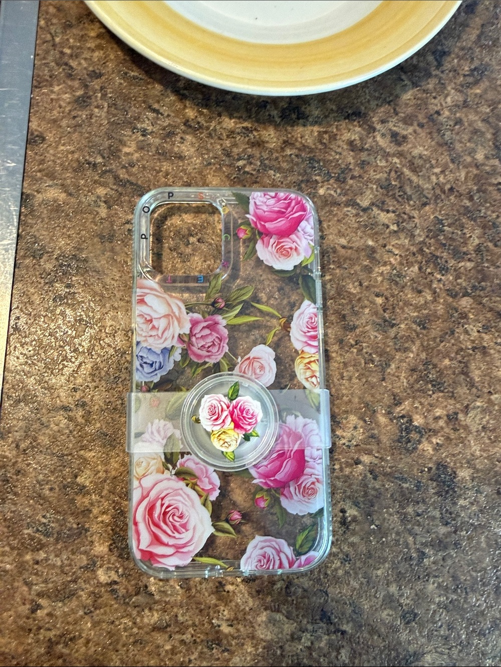iPhone 13 Pro Max Floral Clear Phone Case with Pop Grip - Pink Roses